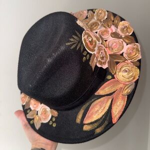Yaya Kieu Handpainted Black Floral Fedora Hat